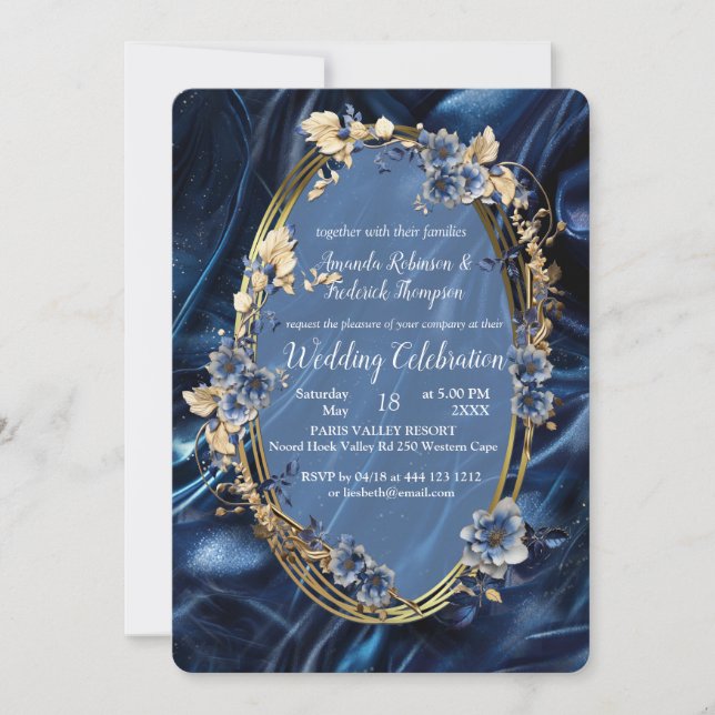White & Gold abstract flowers on Simmery Blue Silk Invitation (Front)