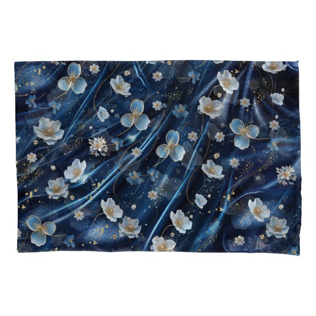 White & Gold abstract flowers on Simmery Blue Silk Pillowcase (Front)