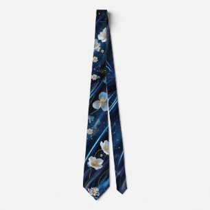White & Gold abstract flowers on Simmery Blue Silk Tie