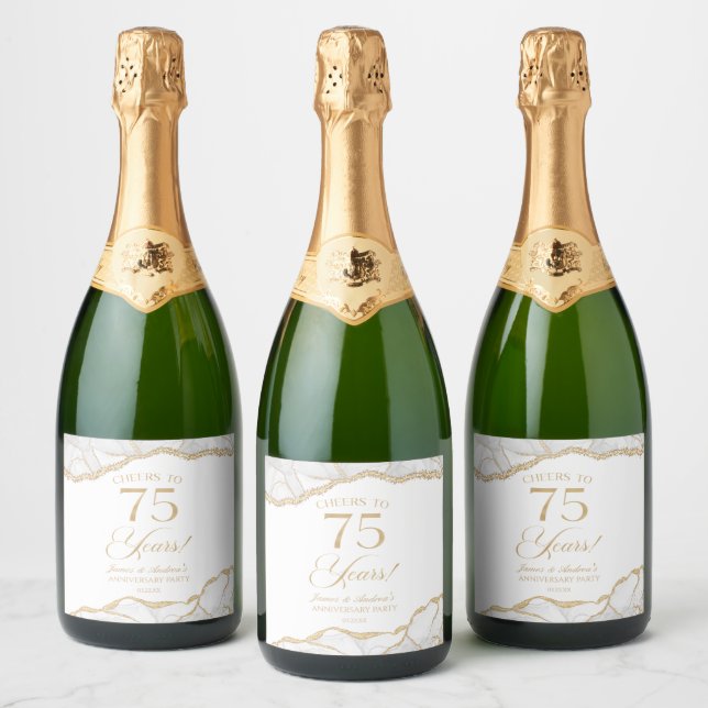 White Gold Agate 75th Wedding Anniversary Party Sparkling Wine Label (Bottles)