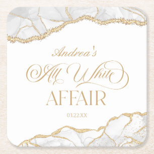 White Gold Agate All White Affair Birthday Party Square Paper Coaster