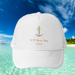 White gold anchor yacht boat name crew trucker hat<br><div class="desc">A white background.  Decorted with a faux gold vintage anchor. Personalize and add the boat name,  title/text.</div>