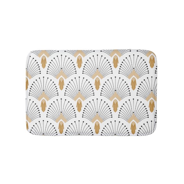 White, Gold and Black Art Deco Fan Flower Motif Bath Mat (Front)