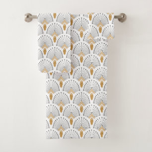 White, Gold and Black Art Deco Fan Flower Motif Bath Towel Set