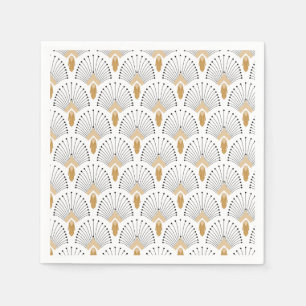 White, Gold and Black Art Deco Fan Flowers Motif Napkin