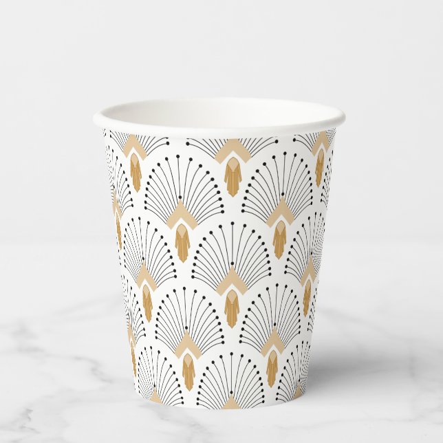 White, Gold and Black Art Deco Fan Flowers Motif  Paper Cups (Front)
