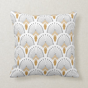 White, Gold and Black Art Deco Fan Flowers Motif Throw Pillow