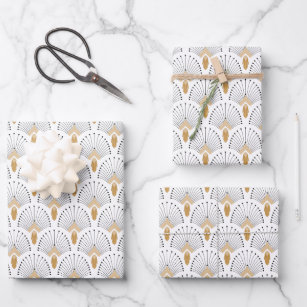 White, Gold and Black Art Deco Fan Flowers Motif Wrapping Paper Sheet