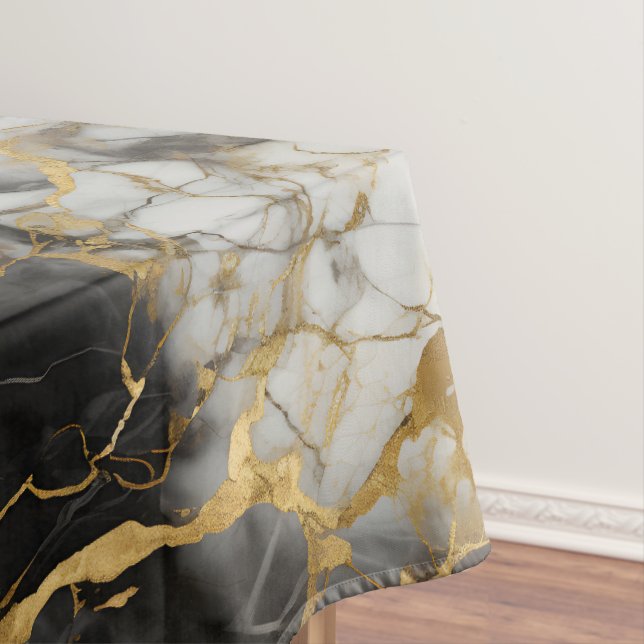 White, Gold and Black Luxury Marble Elegant Tablecloth (In Situ)