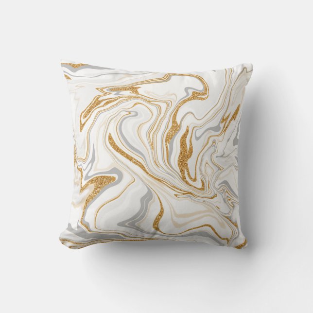 White, Gold and Grey Marble like Fluid Art Swirls Throw Pillow (Front)