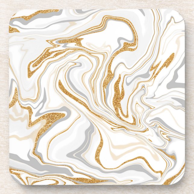 White, Gold and Grey Marble Like Swirls Fluid Art  Coaster (Front)