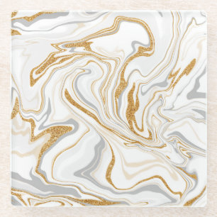 White, Gold and Grey Marble Like Swirls Fluid Art Glass Coaster