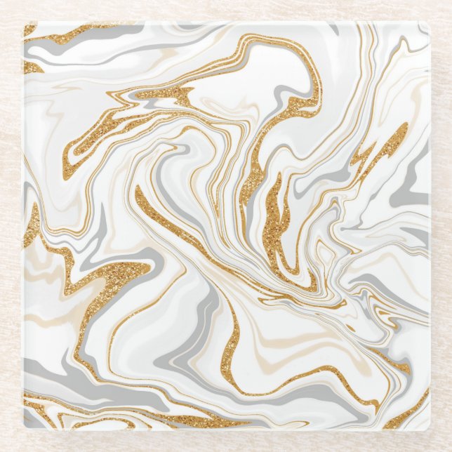White, Gold and Grey Marble Like Swirls Fluid Art Glass Coaster (Front)