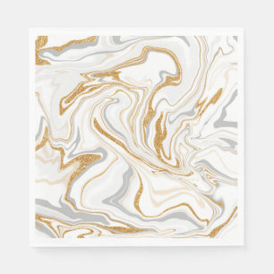 White, Gold and Grey Marble Like Swirls Fluid Art  Napkin