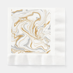 White, Gold and Grey Marble Like Swirls Fluid Art  Napkin