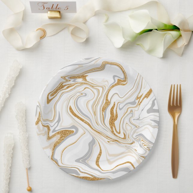 White, Gold and Grey Marble Like Swirls Fluid Art Paper Plate (Wedding)