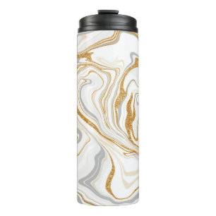 White, Gold and Grey Marble Like Swirls Fluid Art  Thermal Tumbler