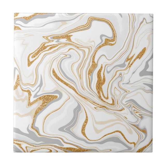 White, Gold and Grey Marble Like Swirls Fluid Art  Tile (Front)