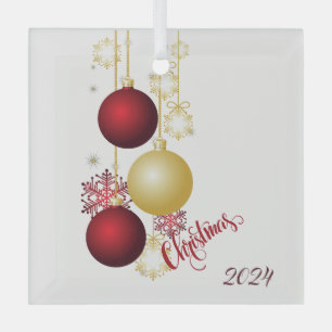 White, Gold and Red Christmas Party Glass Ornament