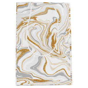 White, Gold and Silver Marble Swirls Fluid Art Medium Gift Bag