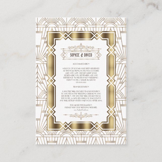 White Gold Art Deco Gatsby 1920s Wedding Details Enclosure Card (Front)