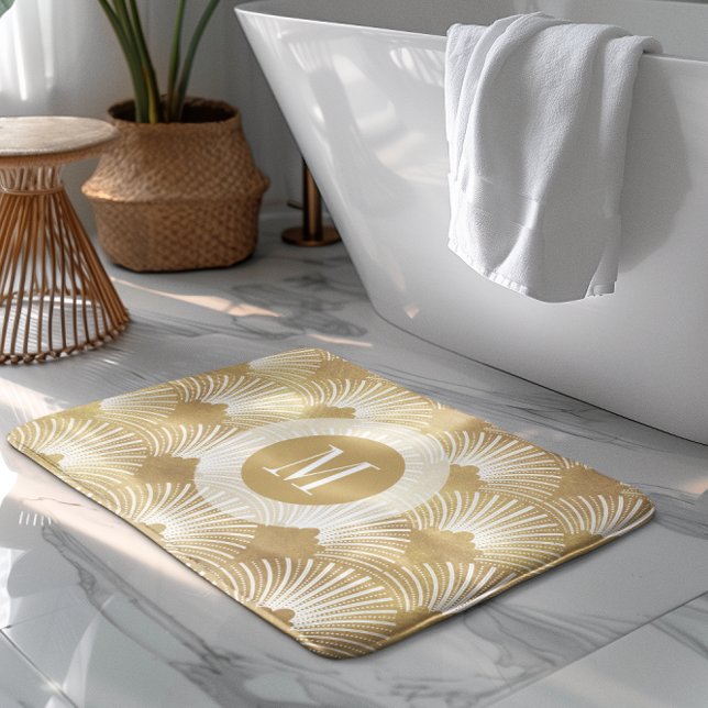 White & gold art-deco geometric pattern bath mat (Creator Uploaded)