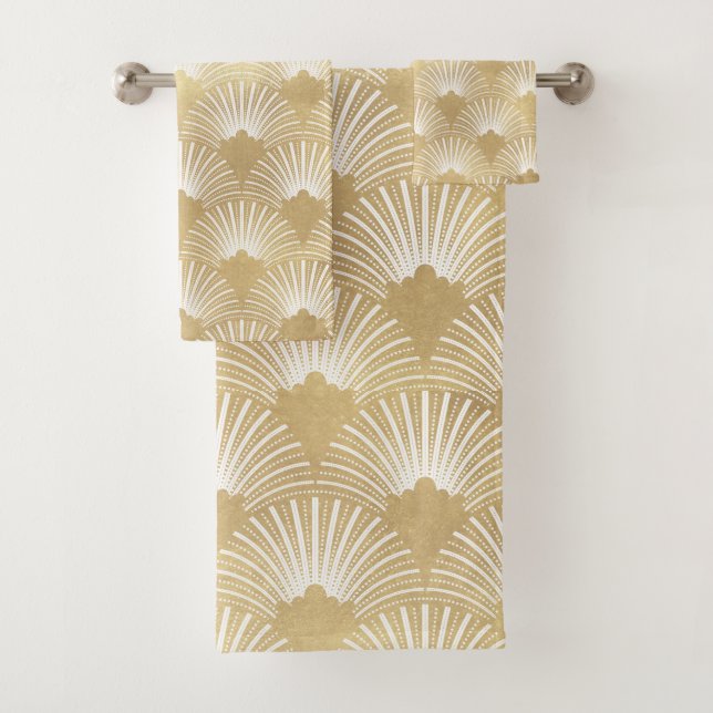 White & gold art deco pattern bath towel set (Insitu)