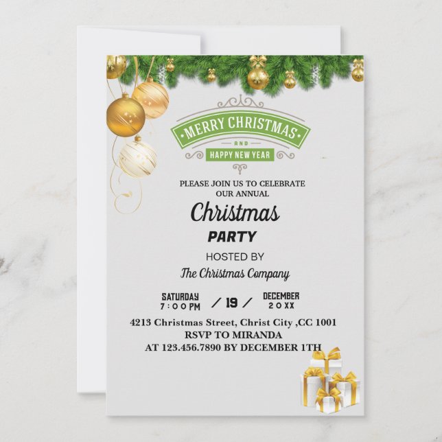 white & gold baubles Christmas Party  Invitation (Front)