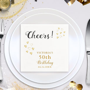 White Gold Black Cheers Custom Name 50th Birthday Napkin