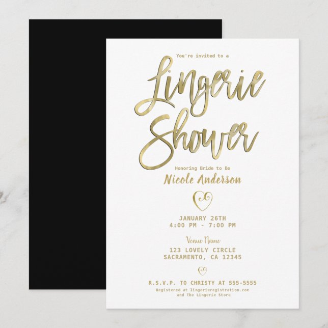 White Gold Black Modern Chic Lingerie Shower   Invitation (Front/Back)