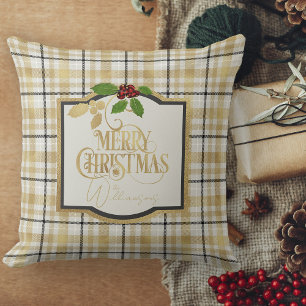 White Gold Black Plaid With Name Christmas Throw Pillow