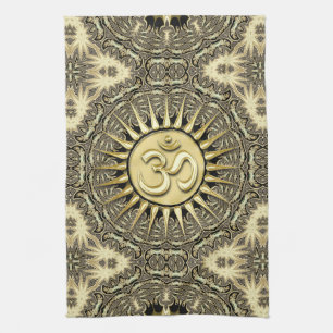 White Gold Black Solar OM Mandala Home Decor Kitchen Towel