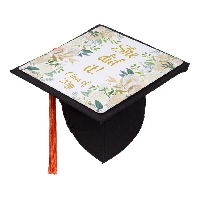 White & Gold Boho Bohemian Chic Greenery Graduate Graduation Cap Topper (Angled)