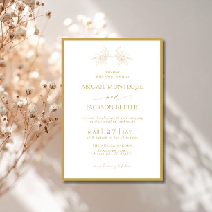 White & Gold Border Holly Tree Christmas Wedding Invitation