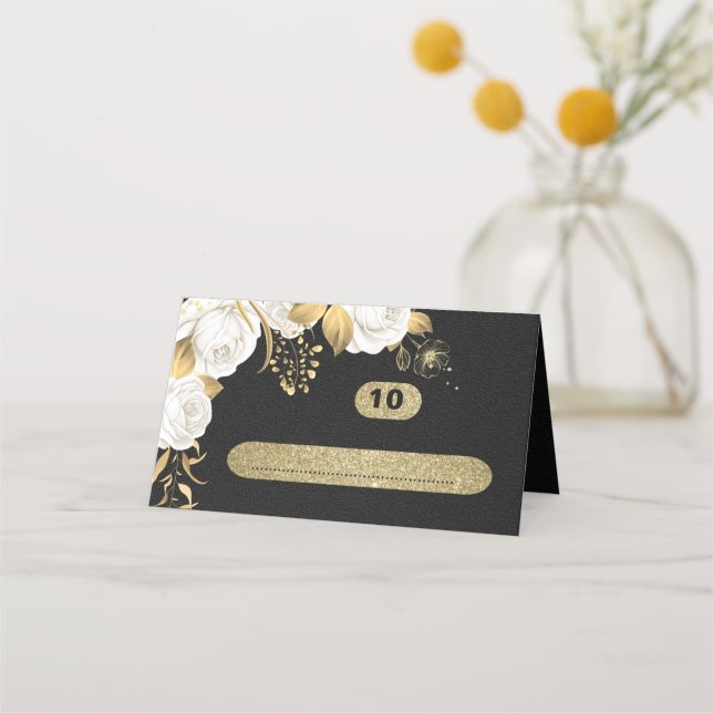 white gold botanical black place card (Front)