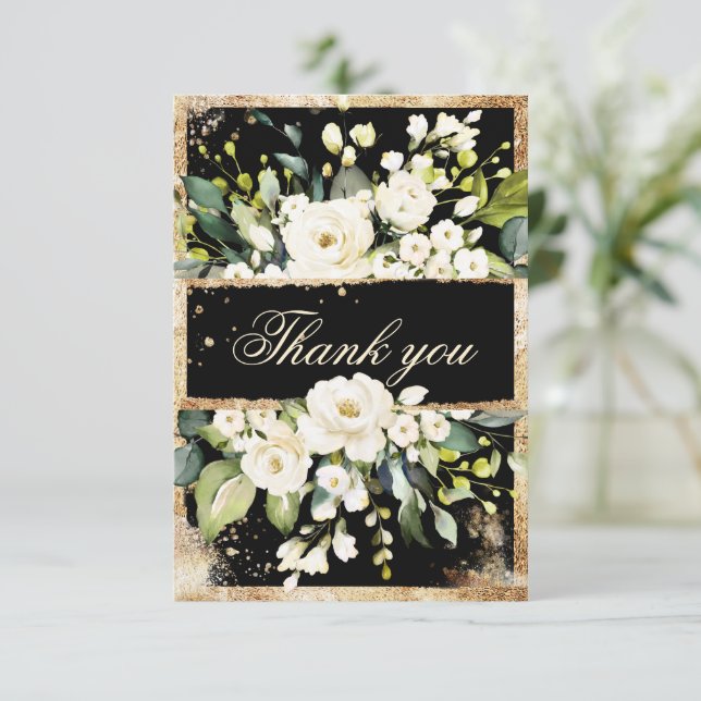 White Gold Botanical Floral Black Rustic Thank You Card (Standing Front)
