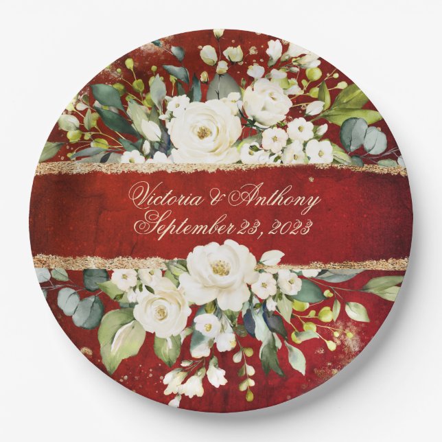 White Gold Botanical Floral Rustic Red Wedding  Paper Plate (Front)