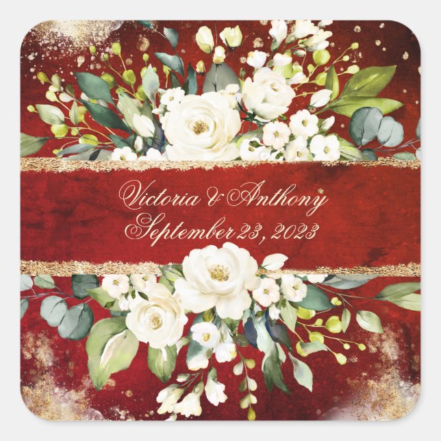 White Gold Botanical Floral Rustic Red Wedding Square Sticker (Front)