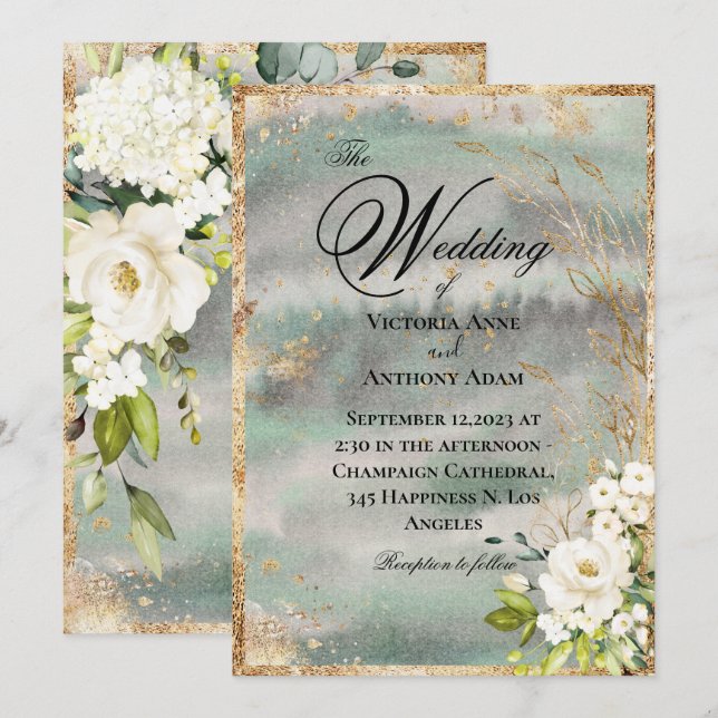 White Gold Botanical Floral Sage Green Wedding Invitation (Front/Back)