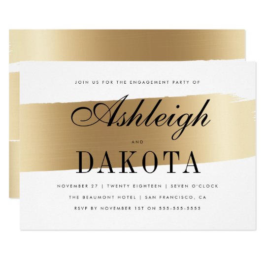 White & Gold Brush Stroke Engagement Party Card