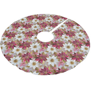 White Gold Burgundy Pink Christmas Poinsettias Brushed Polyester Tree Skirt