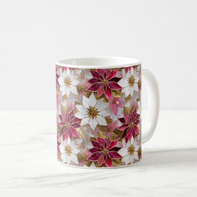 White Gold Burgundy Pink Christmas Poinsettias Coffee Mug (Front Right)