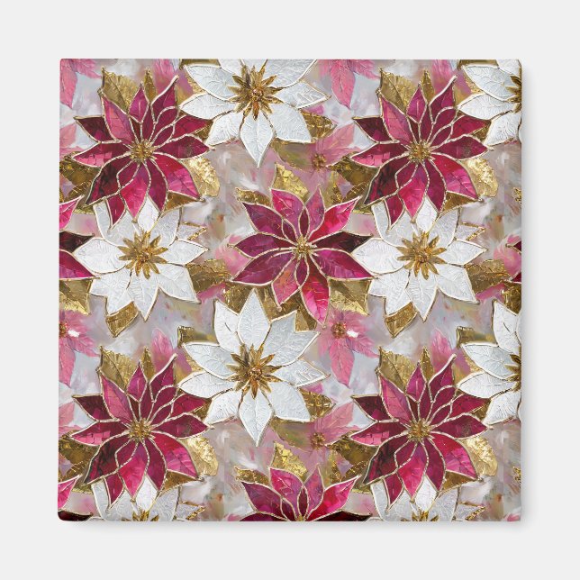 White Gold Burgundy Pink Christmas Poinsettias Magnet (Front)