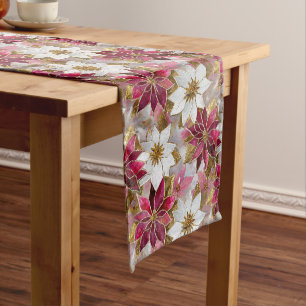 White Gold Burgundy Pink Christmas Poinsettias Medium Table Runner