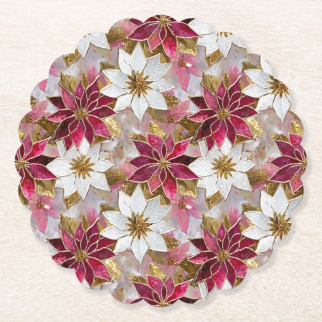 White Gold Burgundy Pink Christmas Poinsettias Paper Coaster (Front)