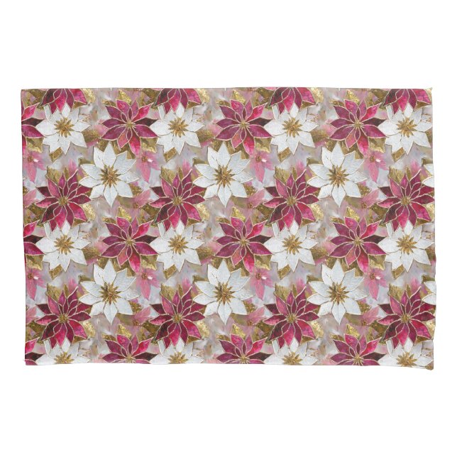 White Gold Burgundy Pink Christmas Poinsettias Pillowcase (Front)