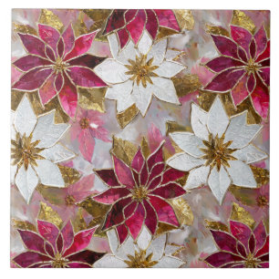 White Gold Burgundy Pink Christmas Poinsettias Tile
