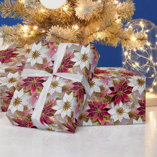 White Gold Burgundy Pink Christmas Poinsettias Wrapping Paper