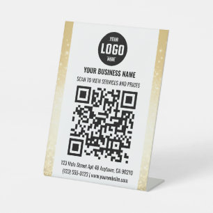 White & Gold Business QR Code Pedestal Sign