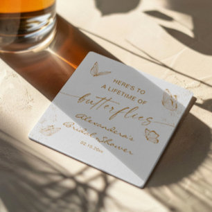 White Gold Butterfly Bridal Shower Welcome  Square Paper Coaster